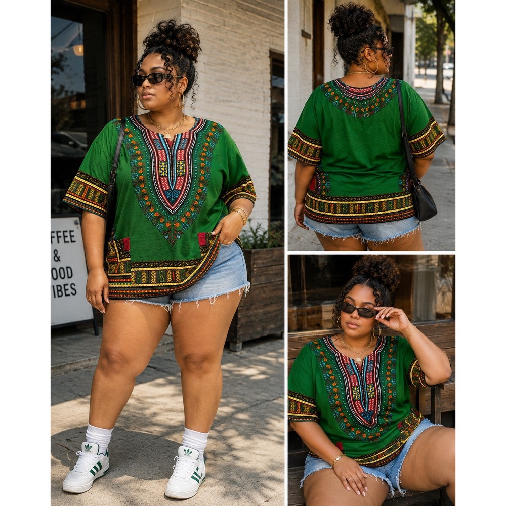 Lapogee Green Dashiki Tunic Top African Print V-Neck Short Sleeve XL